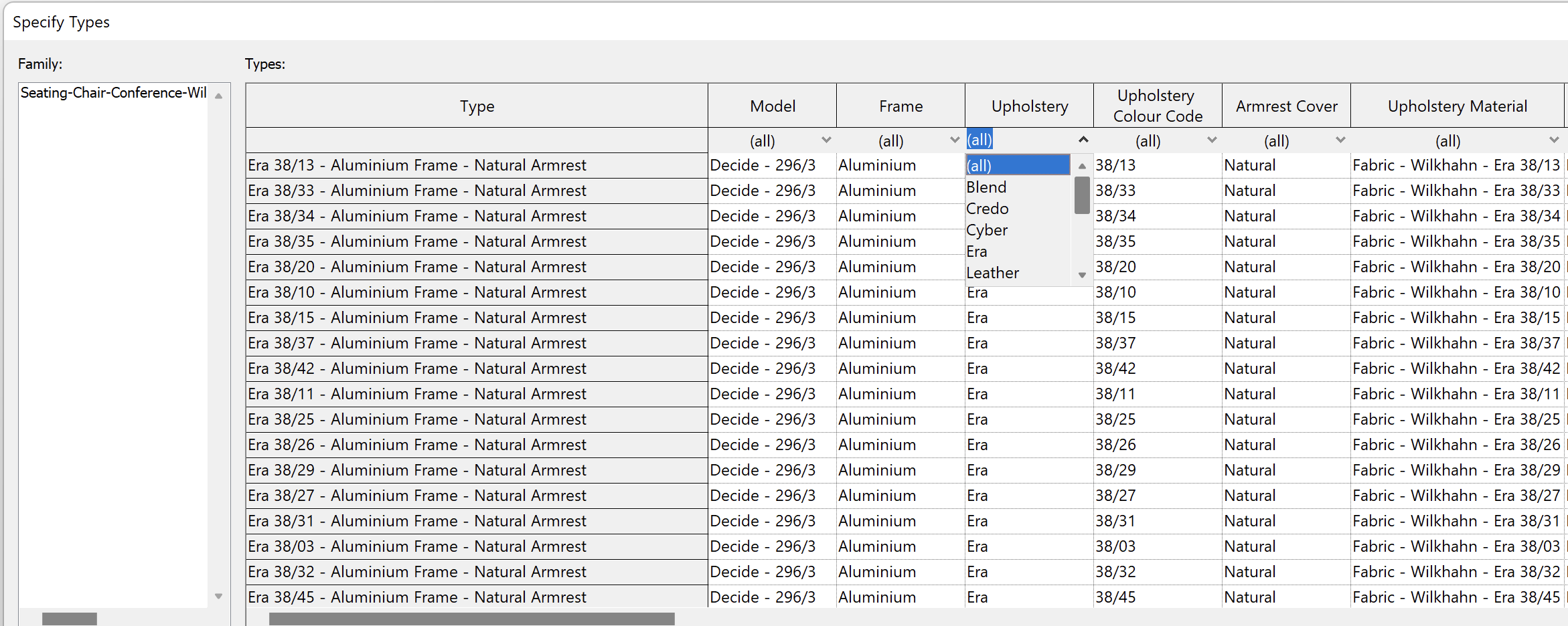 Screenshot of filter types by upholstery material group.